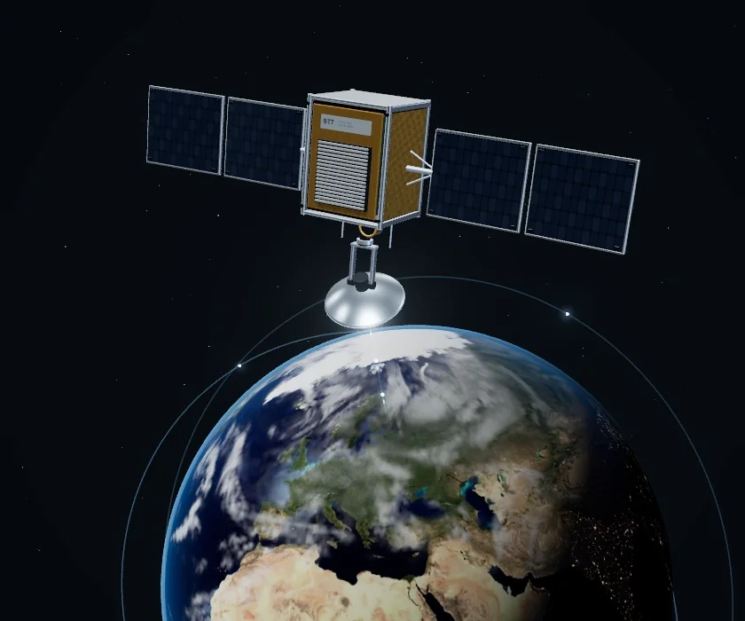 3D satellite with an Earth-facing communication dish and deployed solar arrays